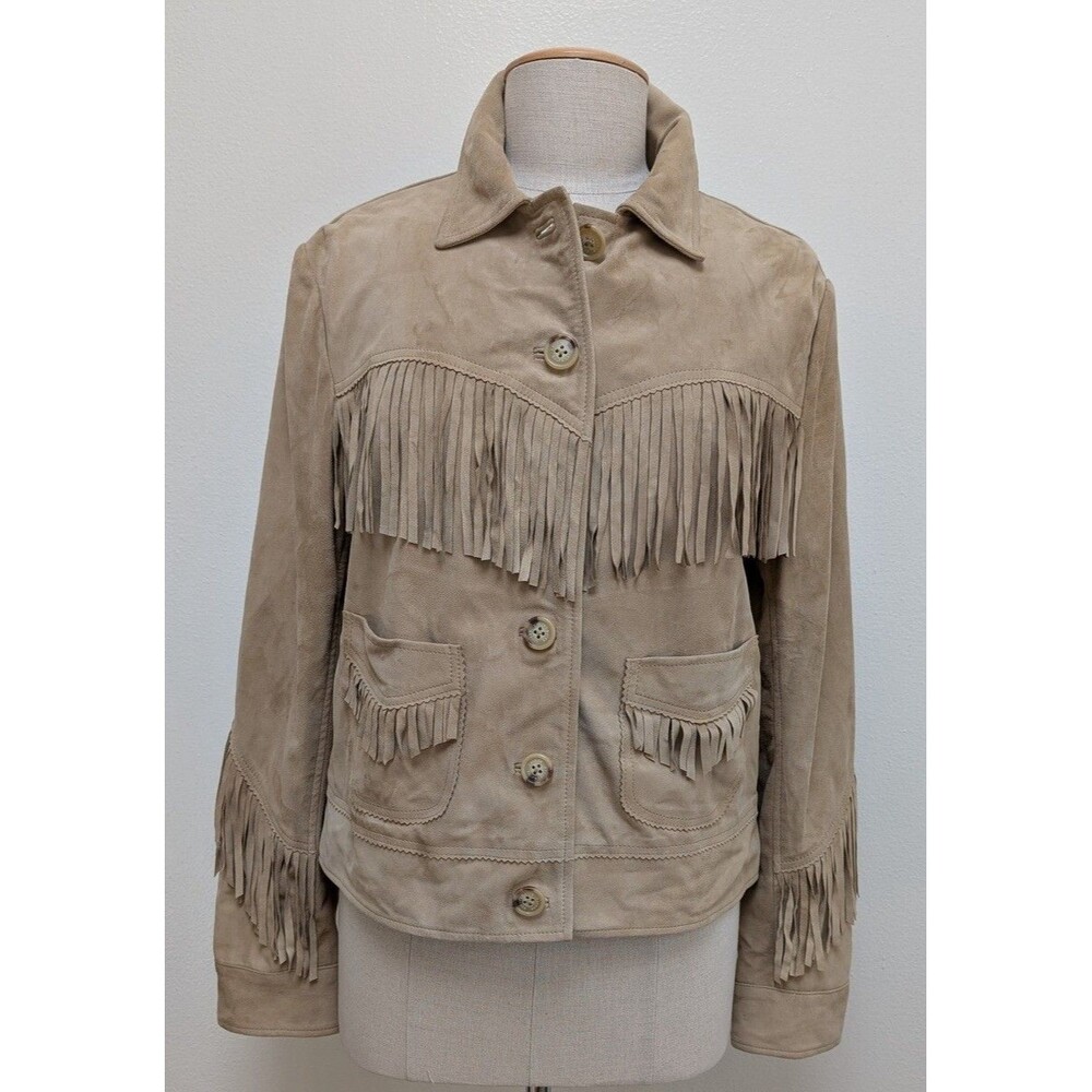 Lauren Ralph Lauren Beige Suede Fringe Varsity Jacket